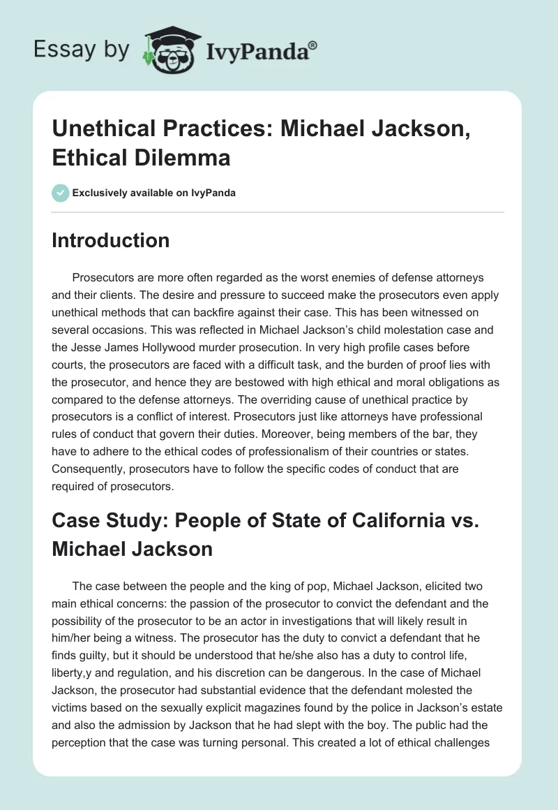 Unethical Practices: Michael Jackson, Ethical Dilemma. Page 1