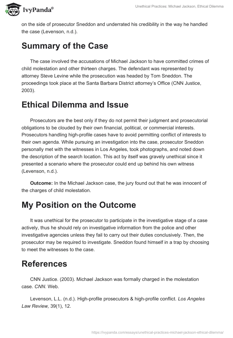 Unethical Practices: Michael Jackson, Ethical Dilemma. Page 2