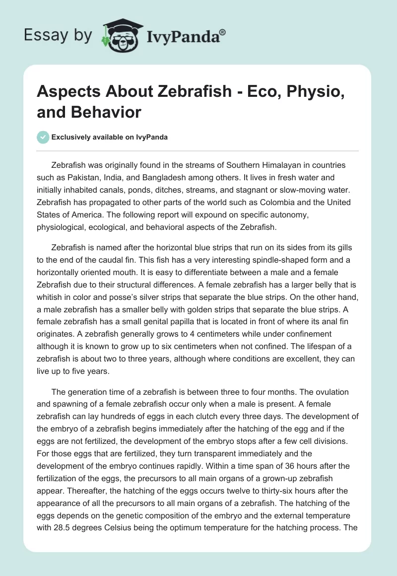 Aspects About Zebrafish - Eco, Physio, and Behavior. Page 1