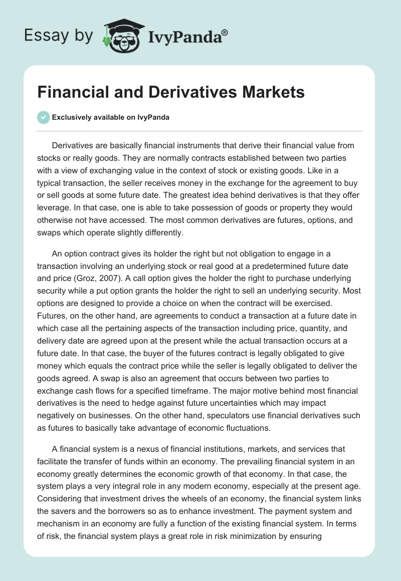Financial and Derivatives Markets. Page 1
