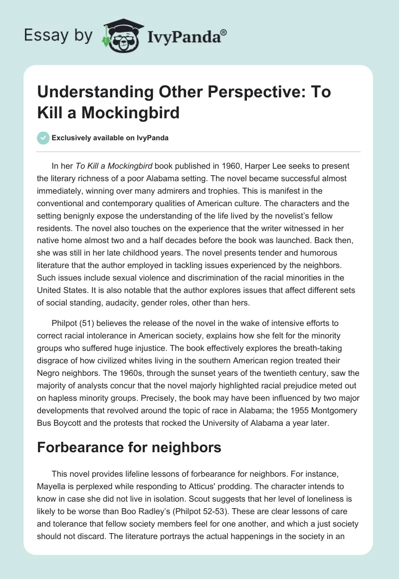 Understanding Other Perspective: To Kill a Mockingbird. Page 1