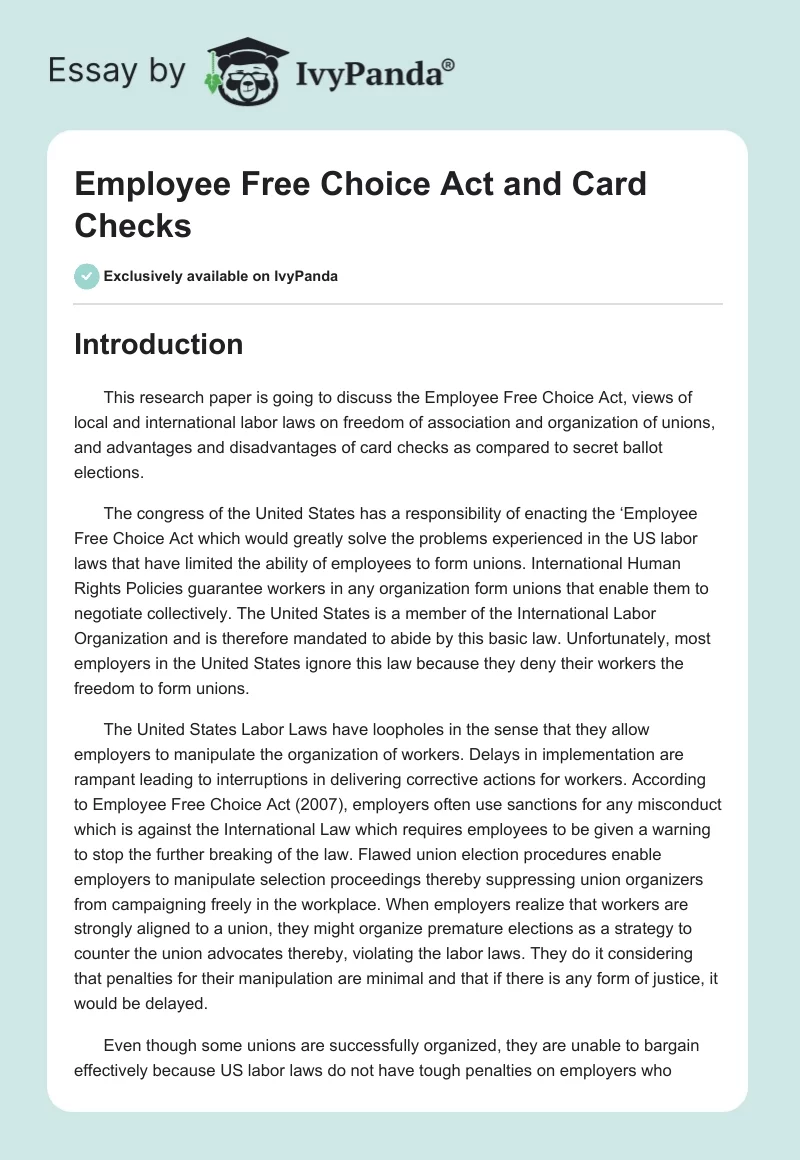 Employee Free Choice Act and Card Checks. Page 1