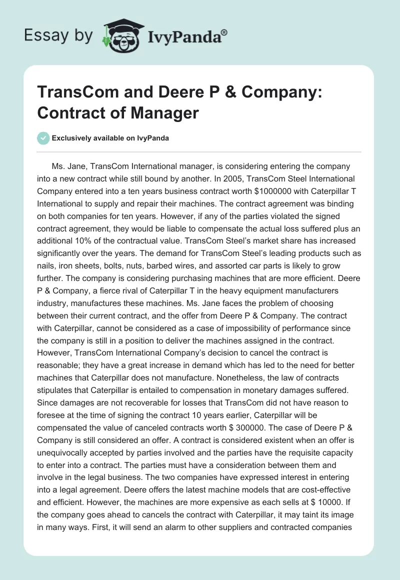 TransCom and Deere P & Company: Contract of Manager. Page 1