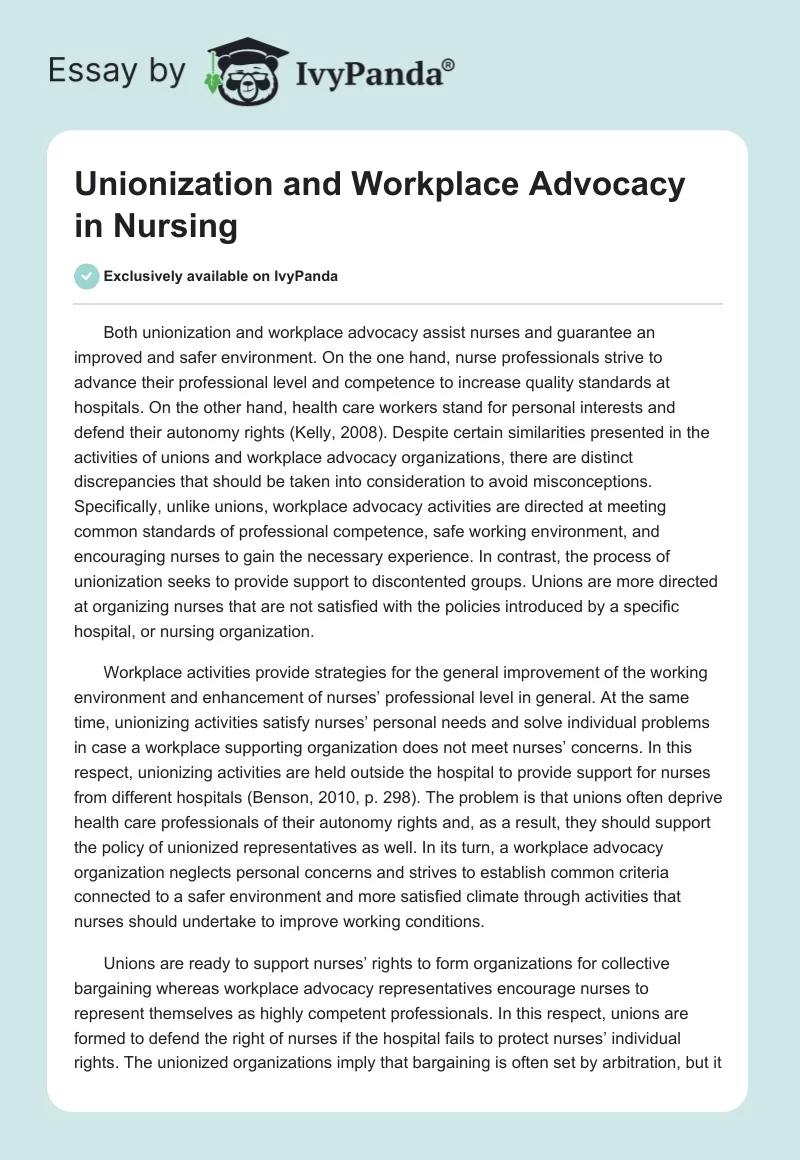 Unionization and Workplace Advocacy in Nursing. Page 1