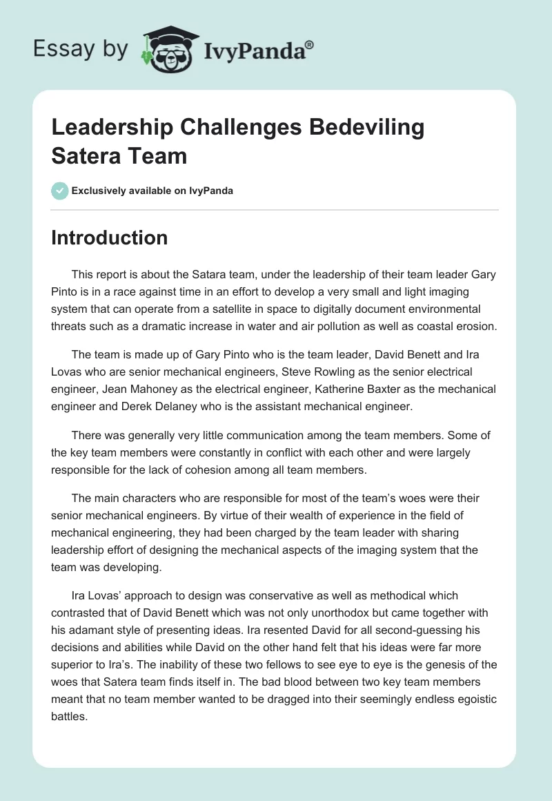 Leadership Challenges Bedeviling Satera Team. Page 1