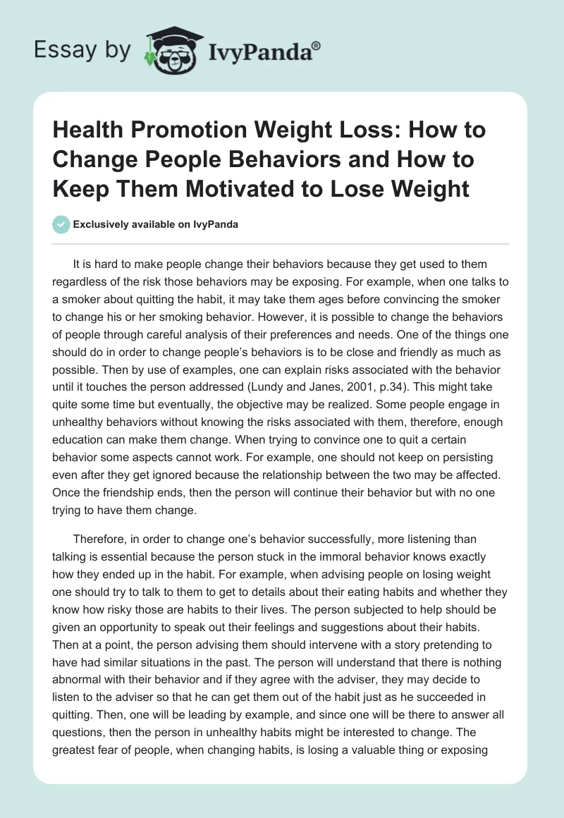 Health Promotion Weight Loss: How to Change People Behaviors and How to Keep Them Motivated to Lose Weight. Page 1