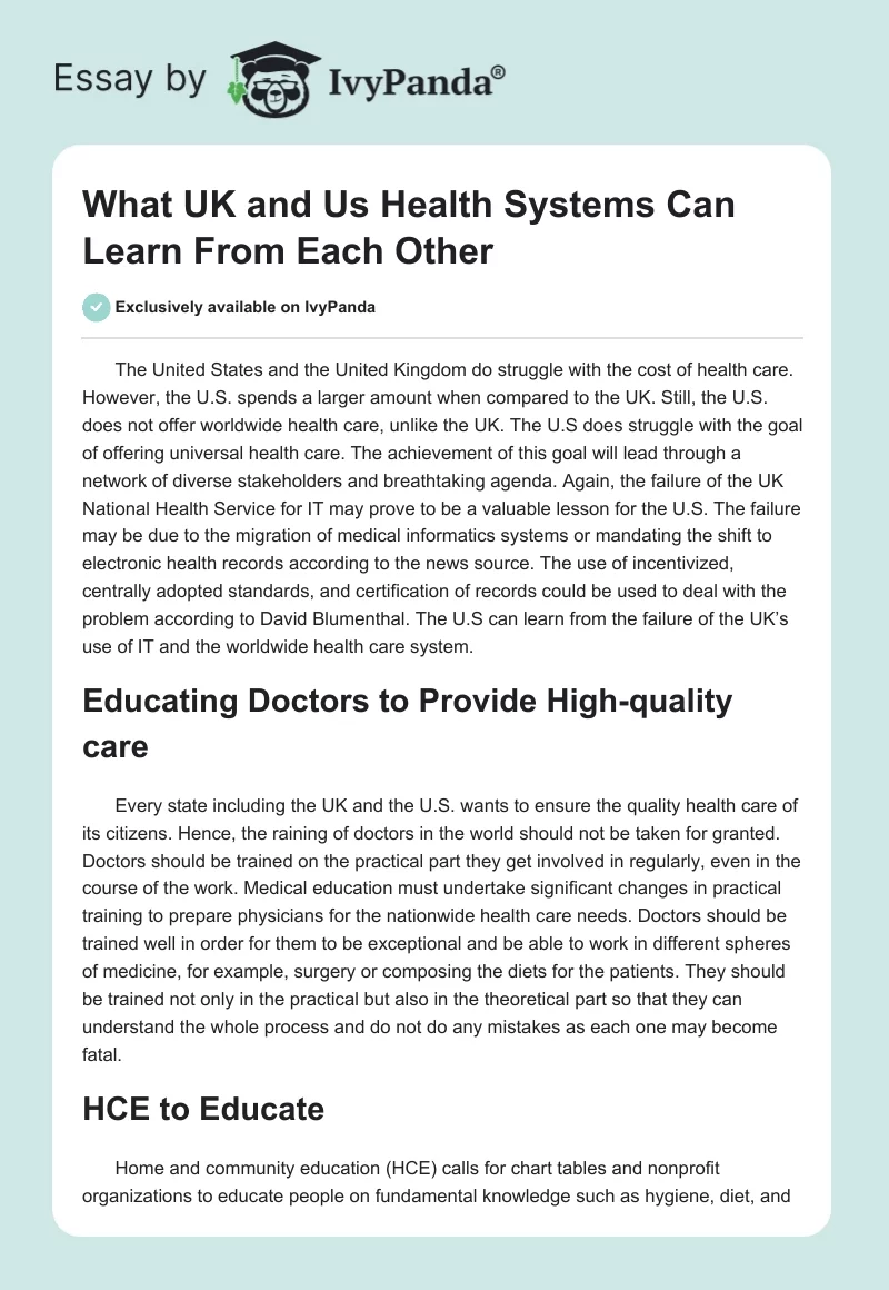 What UK and Us Health Systems Can Learn From Each Other. Page 1