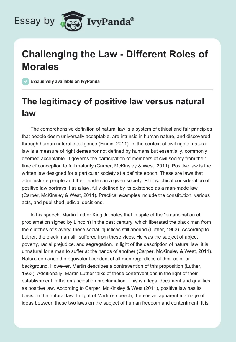 Challenging the Law - Different Roles of Morales. Page 1