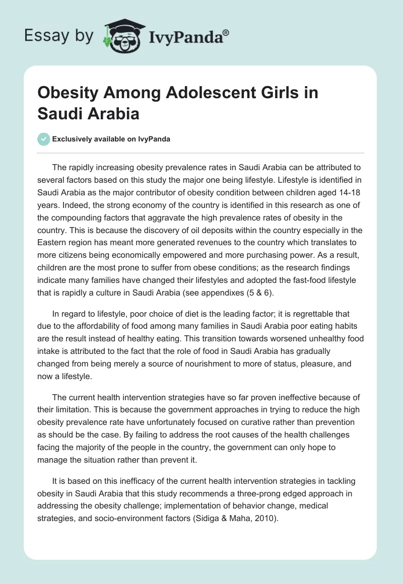 Obesity Among Adolescent Girls in Saudi Arabia. Page 1