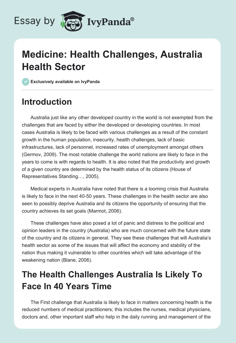 Medicine: Health Challenges, Australia Health Sector. Page 1
