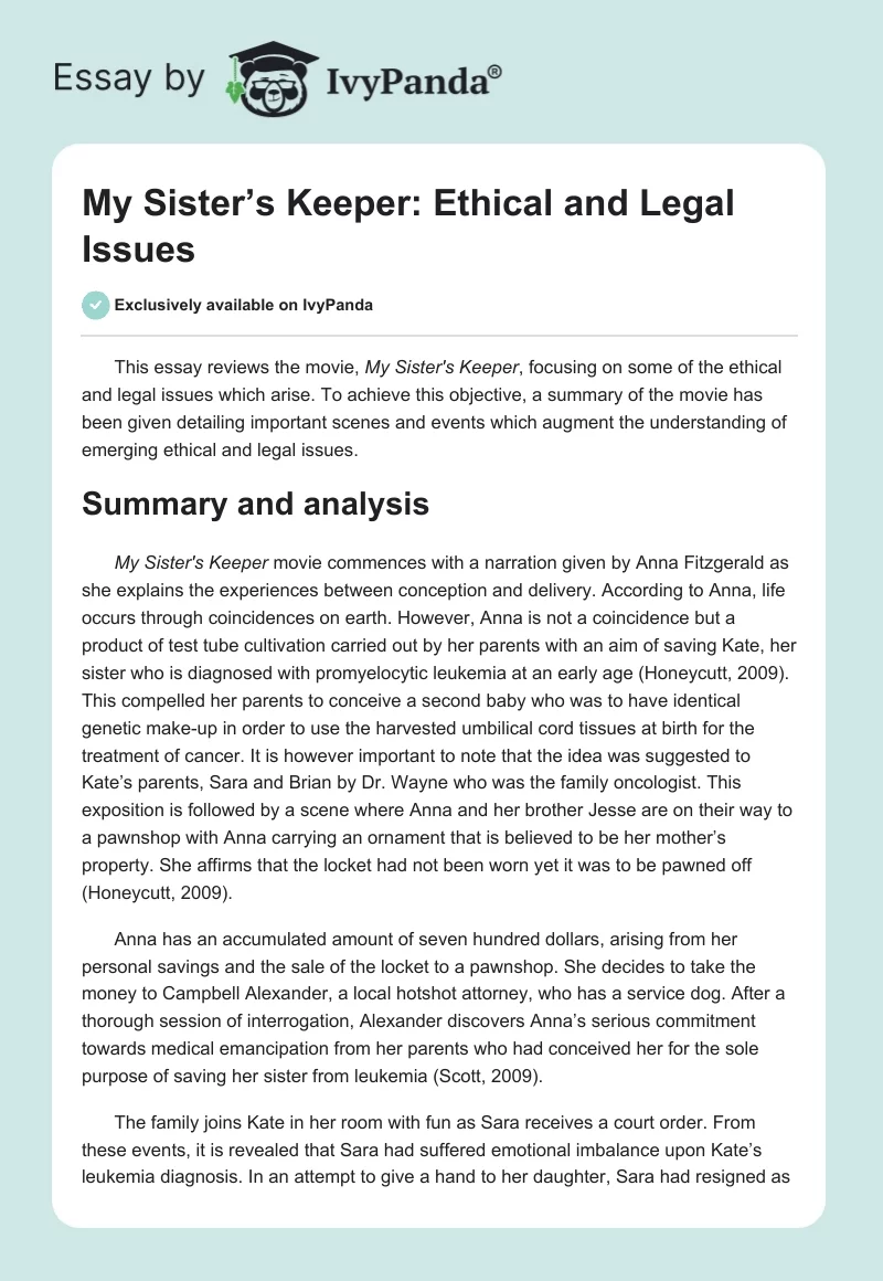 My Sister’s Keeper: Ethical and Legal Issues. Page 1