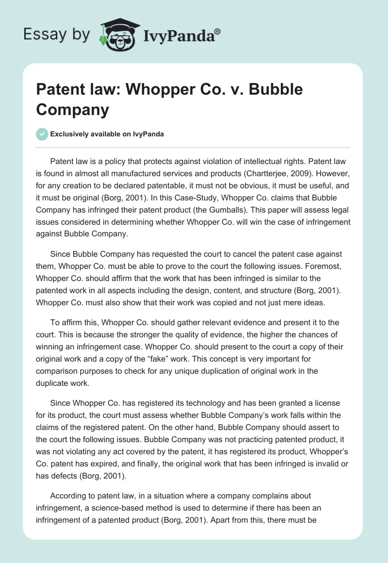 Patent law: Whopper Co. v. Bubble Company. Page 1