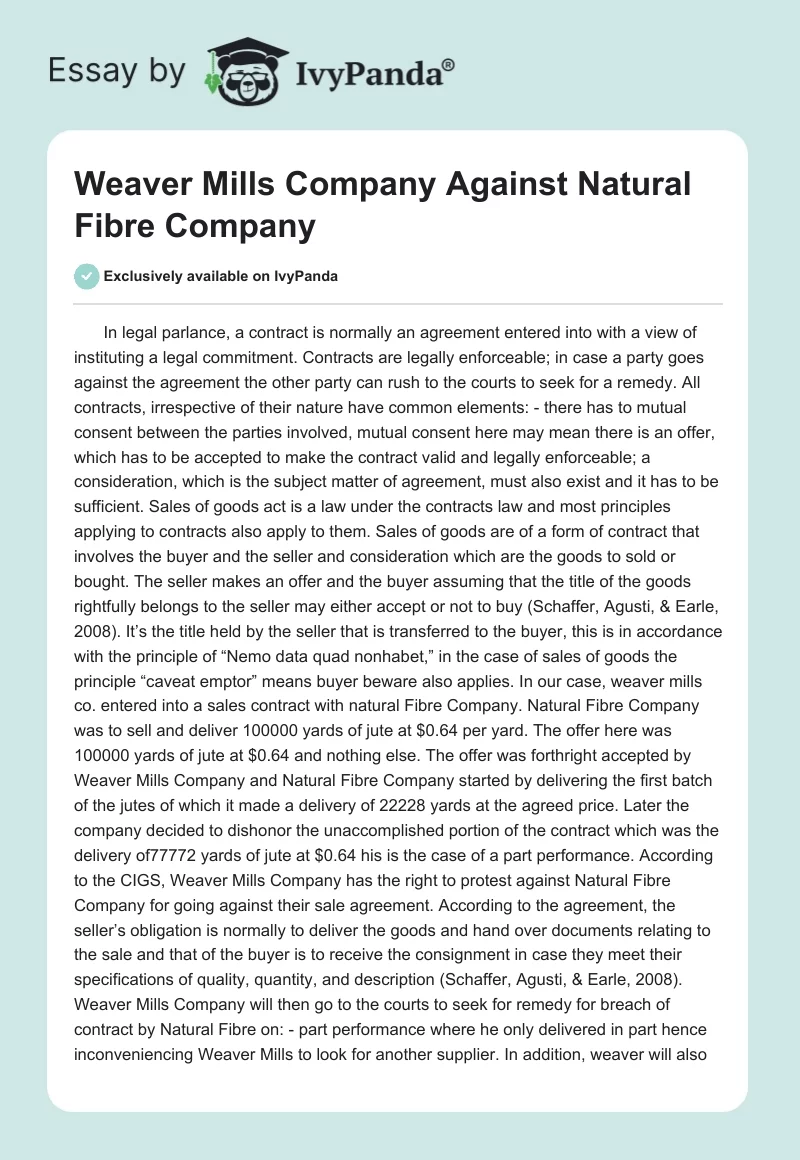 Weaver Mills Company Against Natural Fibre Company. Page 1