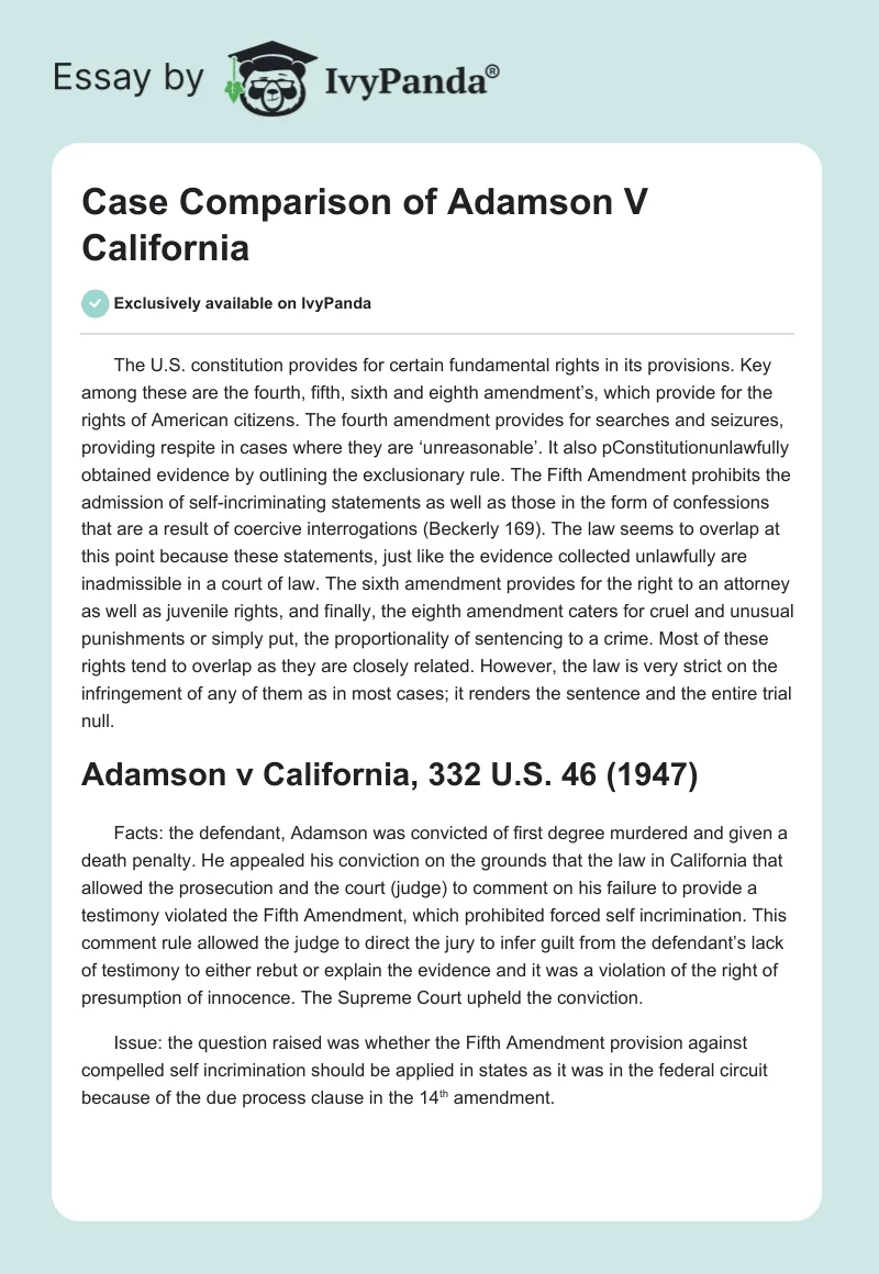 Case Comparison of Adamson V California. Page 1