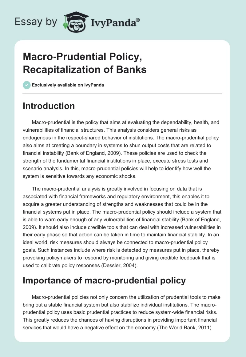 Macro-Prudential Policy, Recapitalization of Banks. Page 1