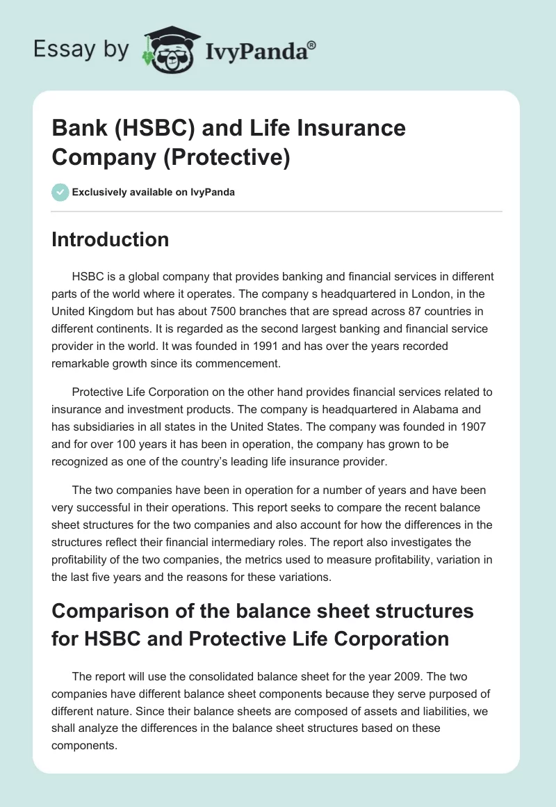 Bank (HSBC) and Life Insurance Company (Protective). Page 1