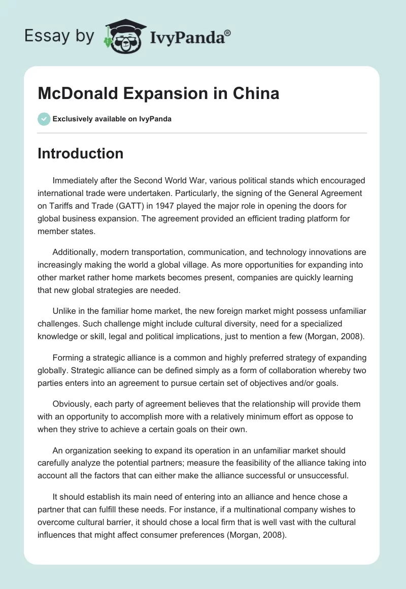 McDonald Expansion in China. Page 1