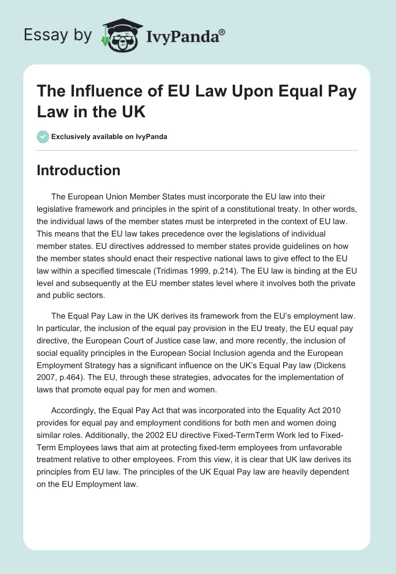 The Influence of EU Law Upon Equal Pay Law in the UK. Page 1