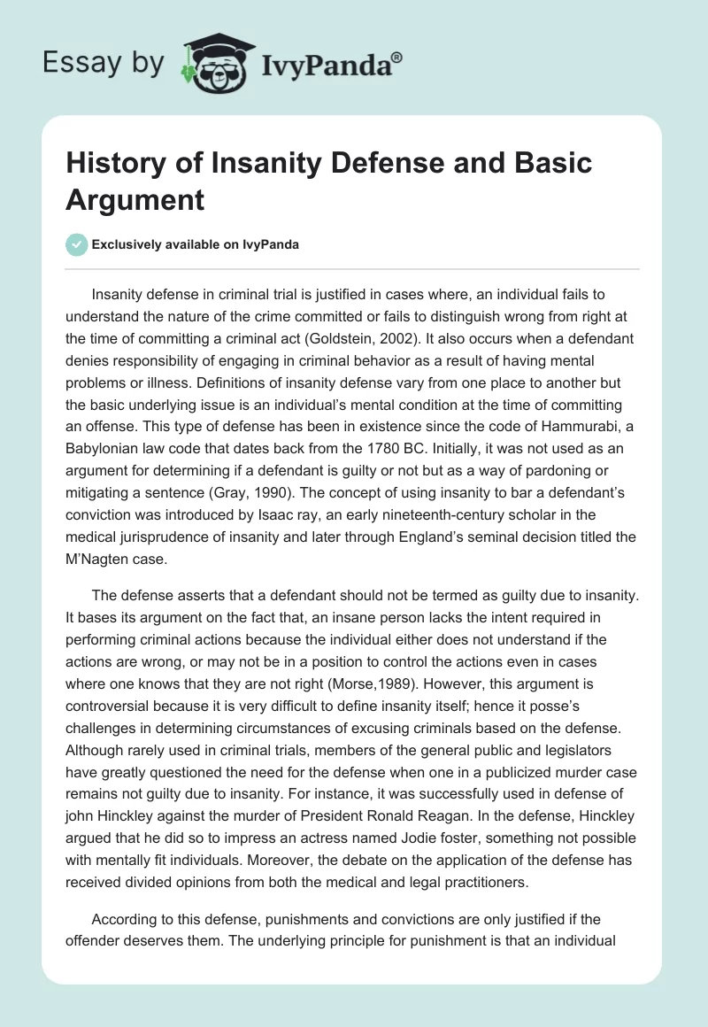 History of Insanity Defense and Basic Argument. Page 1