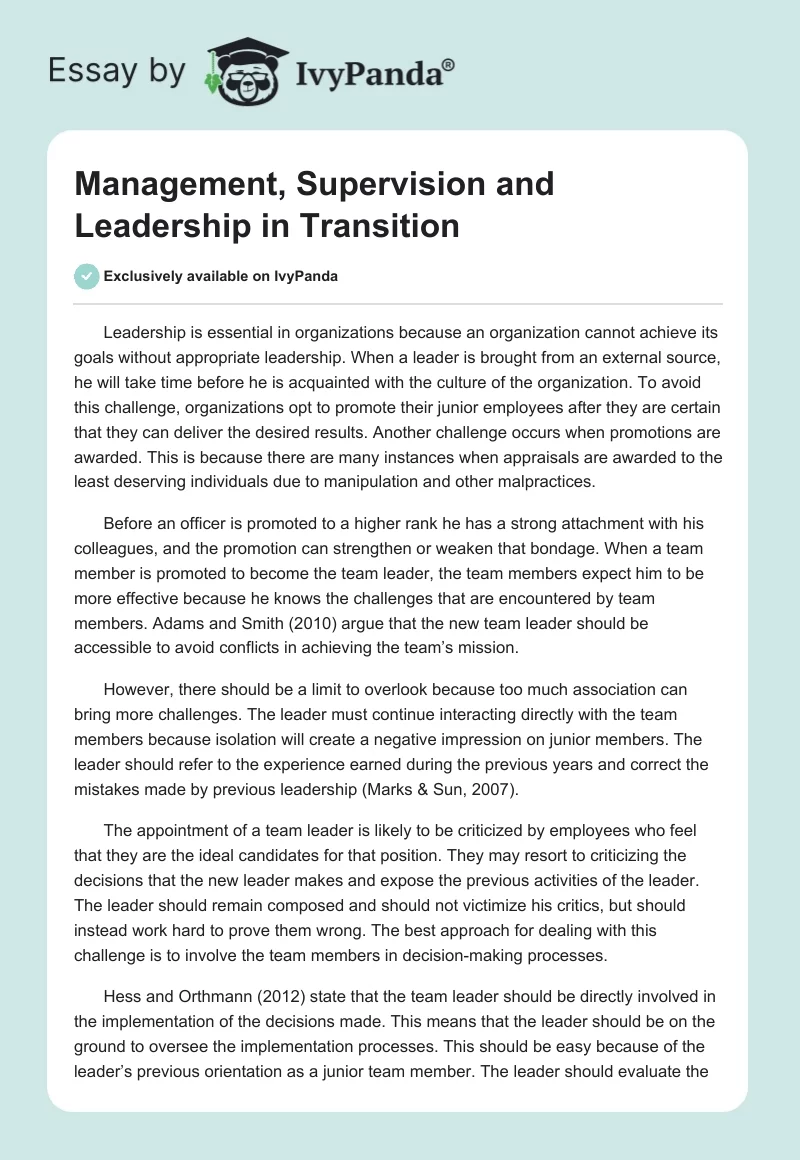 Management, Supervision and Leadership in Transition. Page 1