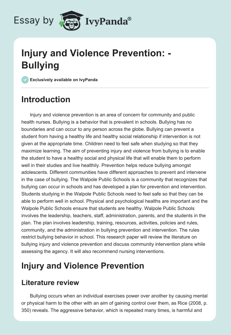Injury and Violence Prevention: - Bullying. Page 1