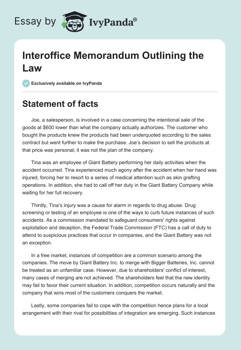 Interoffice Memorandum Outlining the Law. Page 1