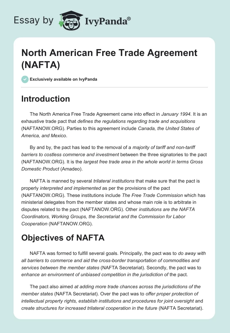 North American Free Trade Agreement (NAFTA). Page 1