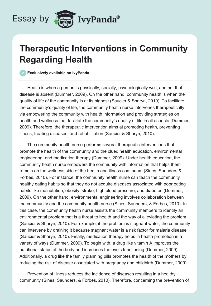 Therapeutic Interventions in Community Regarding Health. Page 1