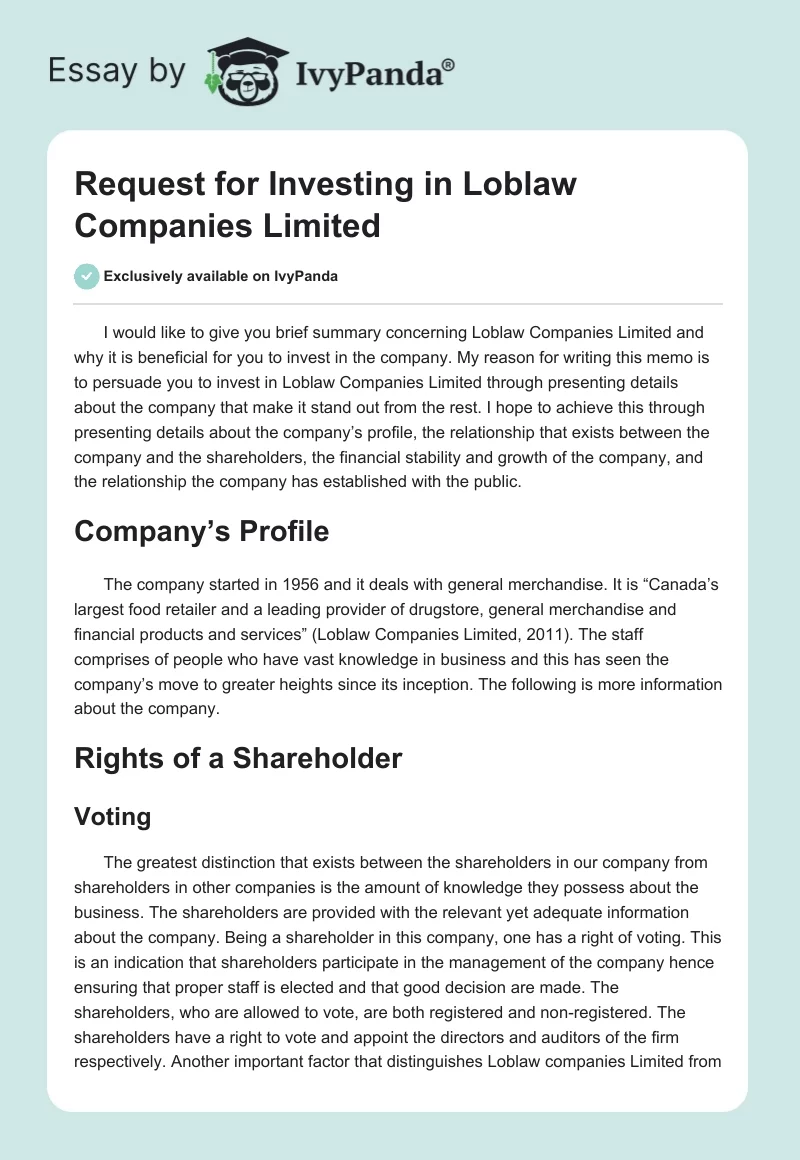 Request for Investing in Loblaw Companies Limited. Page 1