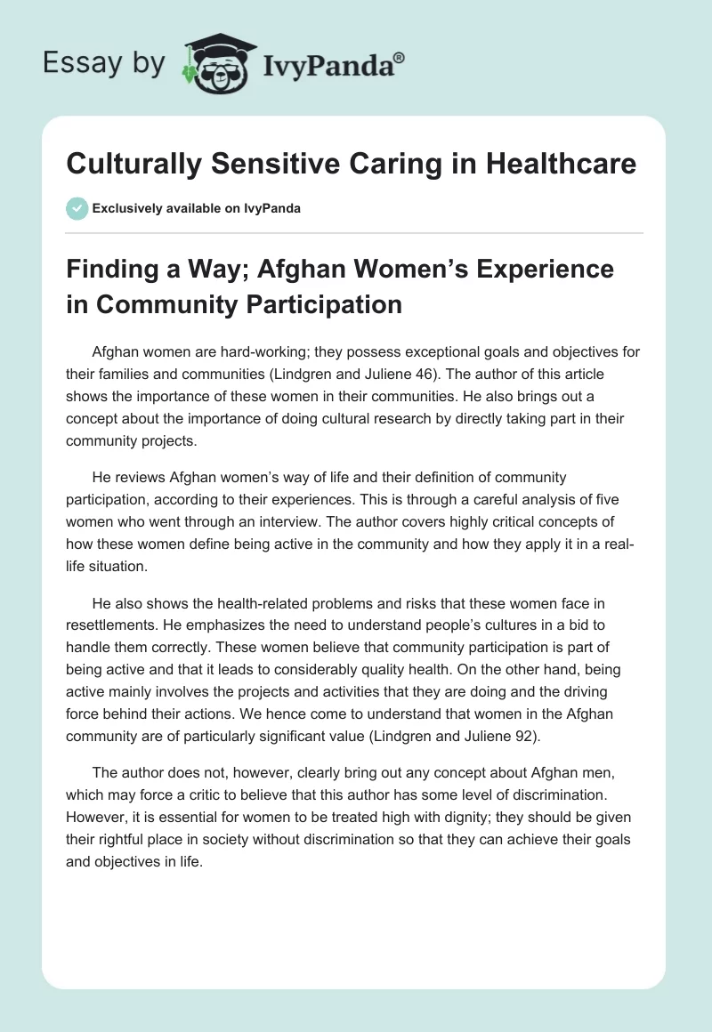 Culturally Sensitive Caring in Healthcare. Page 1