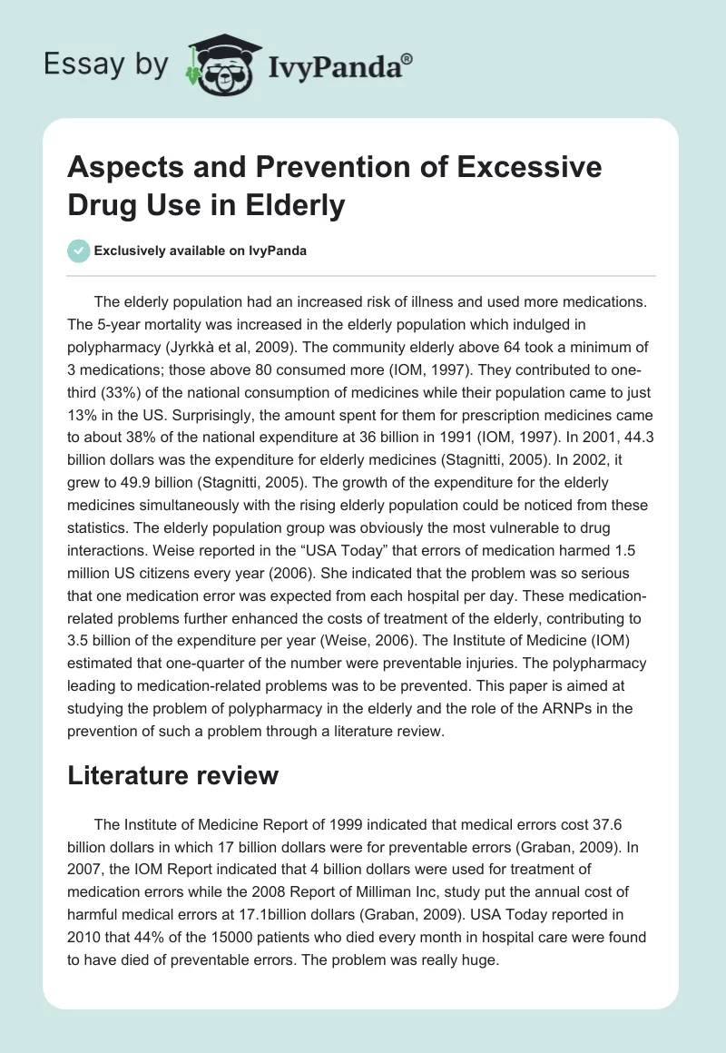Aspects and Prevention of Excessive Drug Use in Elderly. Page 1