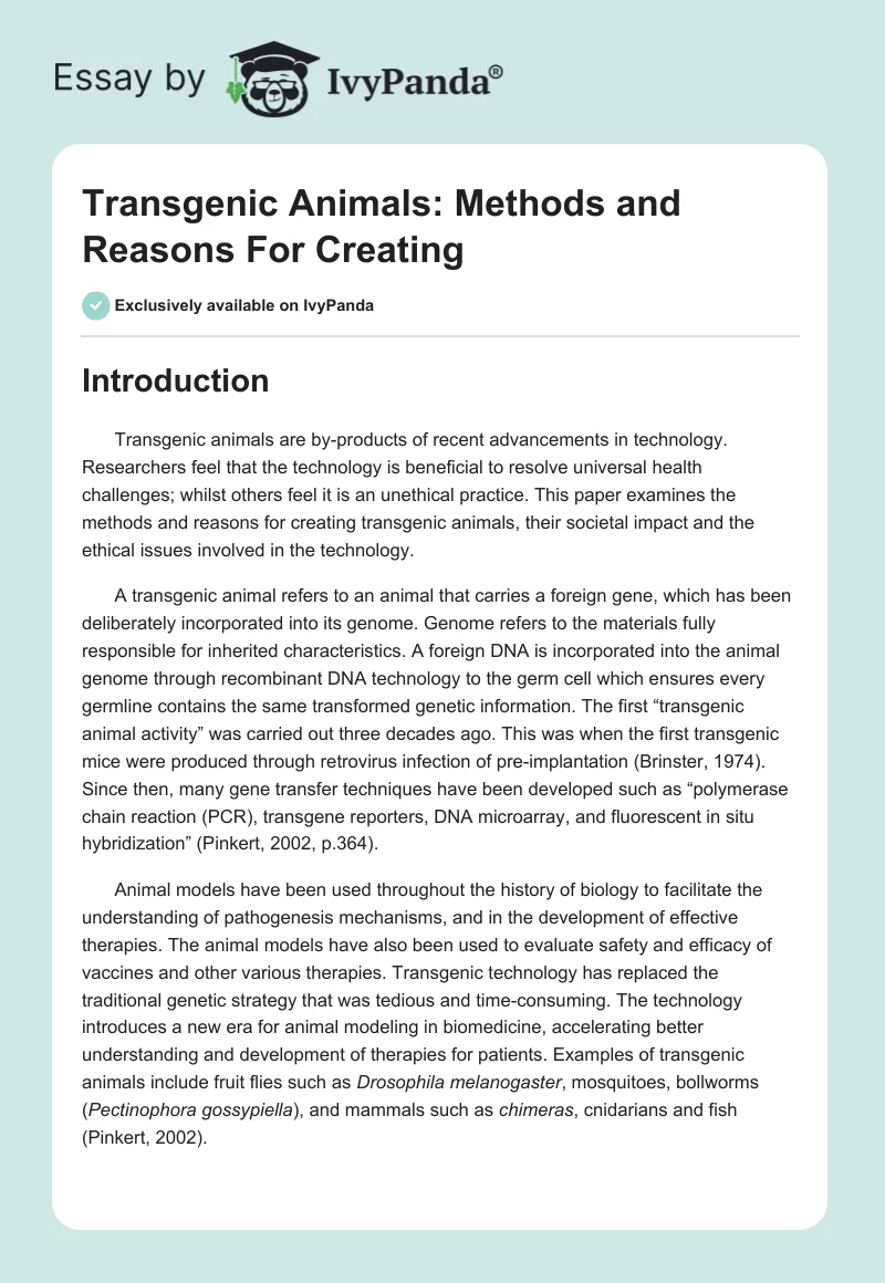 Transgenic Animals: Methods and Reasons For Creating. Page 1