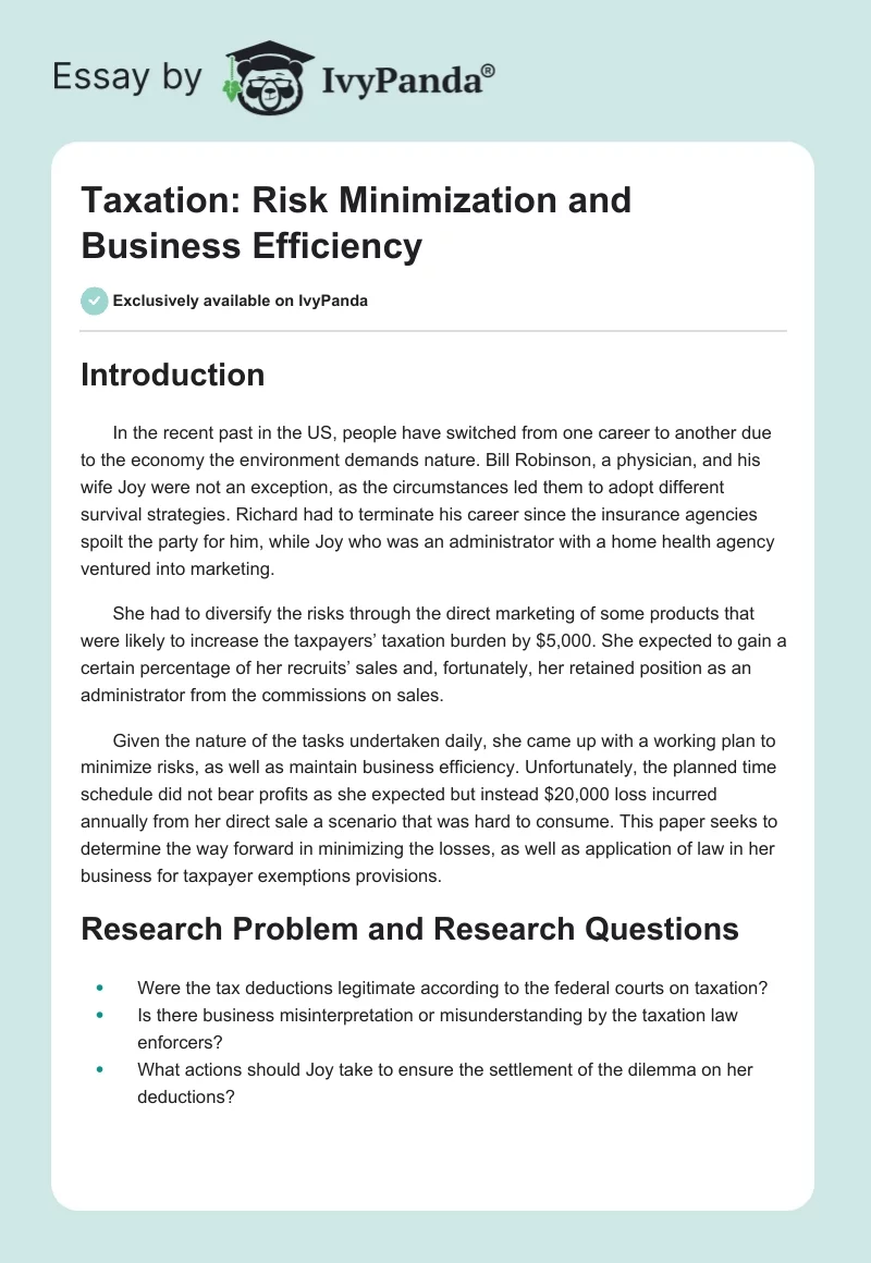 Taxation: Risk Minimization and Business Efficiency. Page 1