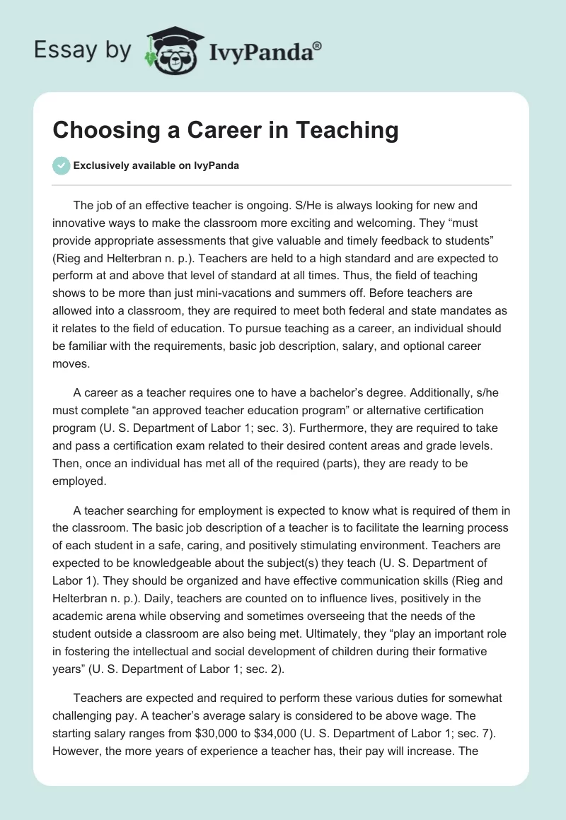 Choosing a Career in Teaching. Page 1