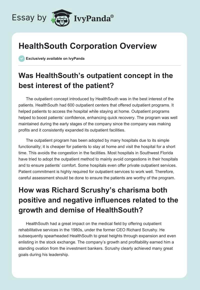 HealthSouth Corporation Overview. Page 1