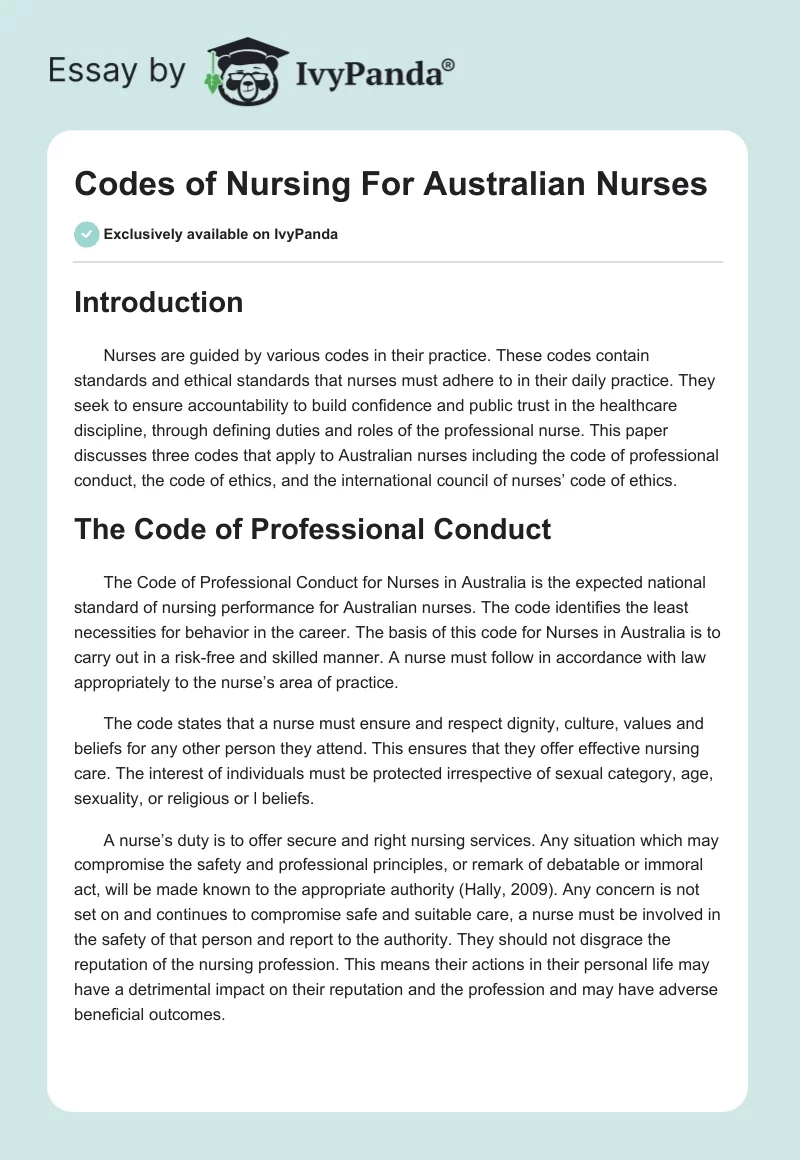 Codes of Nursing For Australian Nurses. Page 1