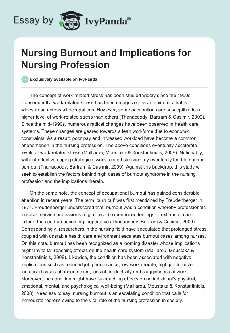 Nursing Burnout and Implications for Nursing Profession. Page 1