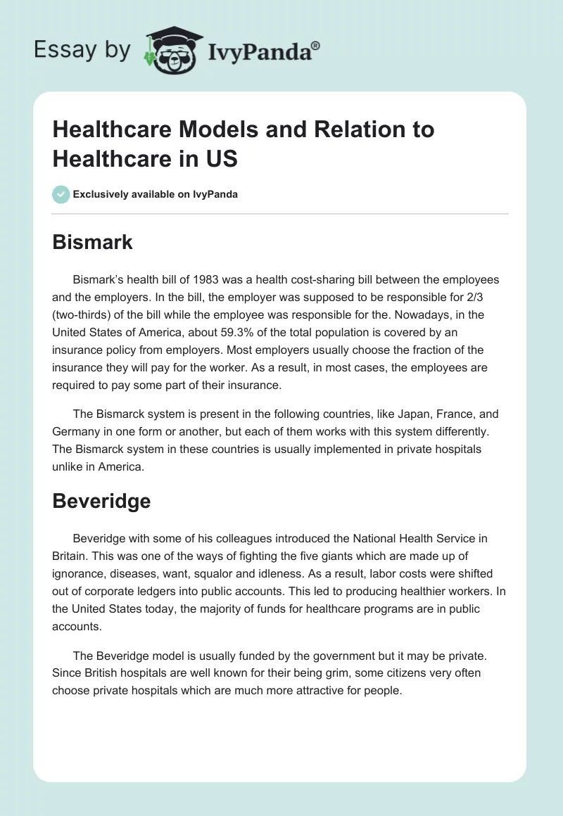 Healthcare Models and Relation to Healthcare in US. Page 1
