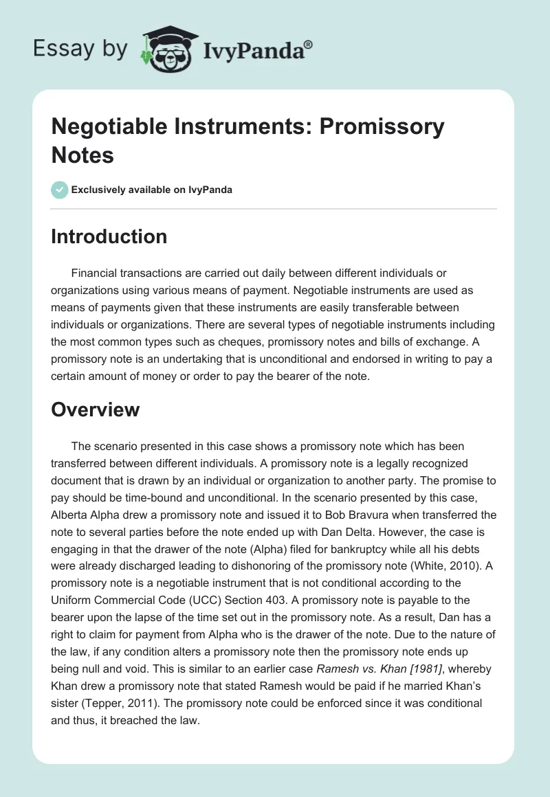 Negotiable Instruments: Promissory Notes. Page 1