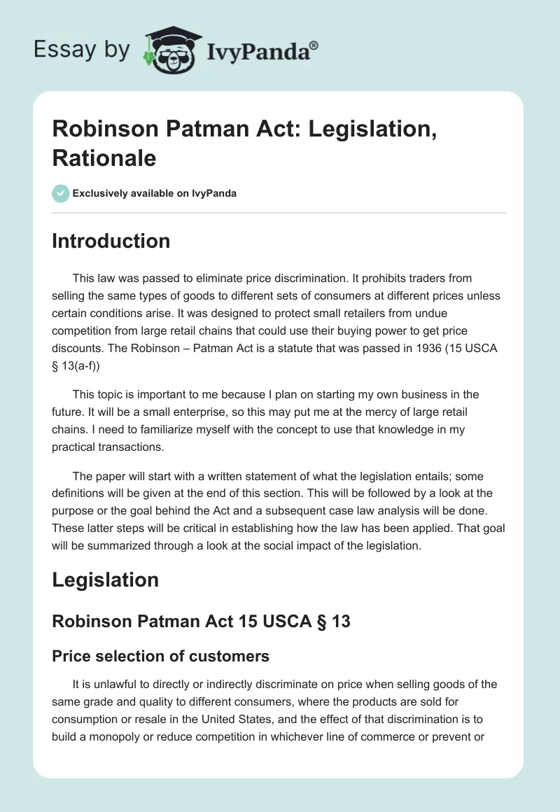 Robinson Patman Act: Legislation, Rationale. Page 1
