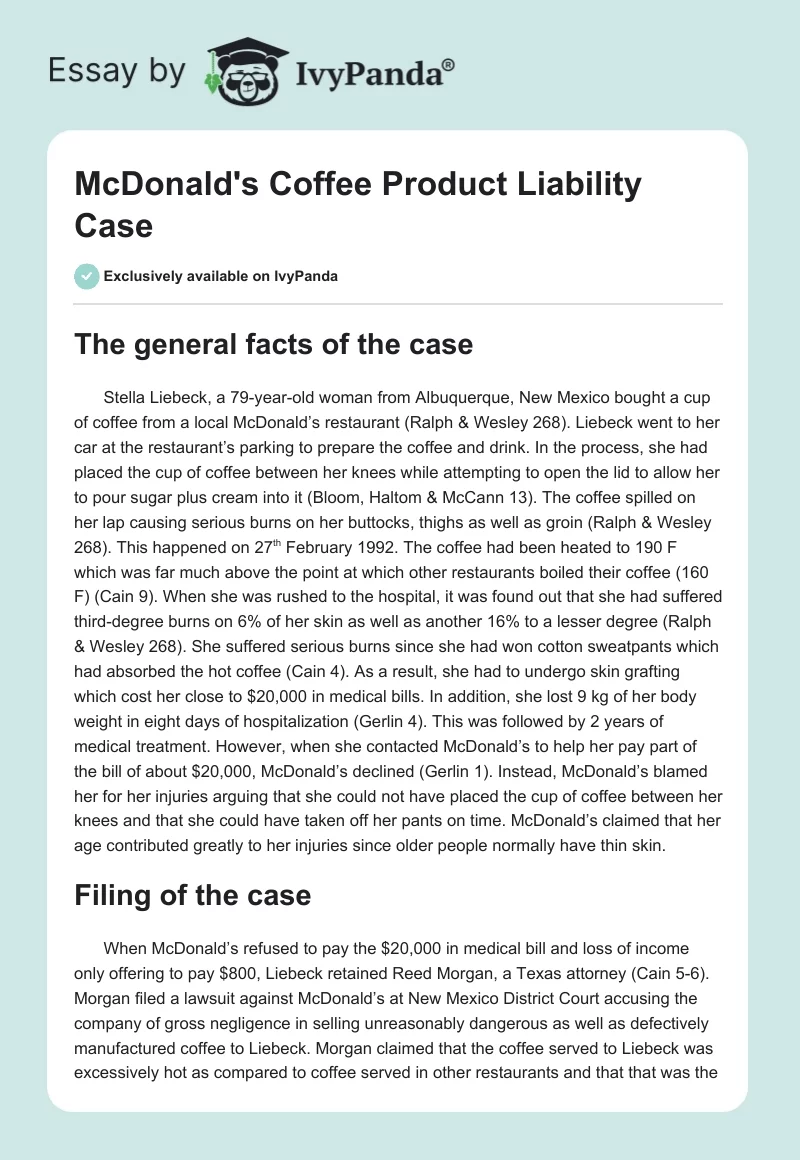 McDonald's Coffee Product Liability Case. Page 1