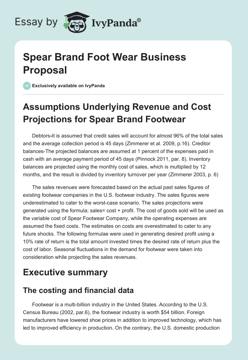 Spear Brand Foot Wear Business Proposal. Page 1