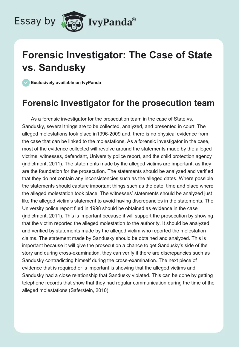Forensic Investigator: The Case of State vs. Sandusky. Page 1