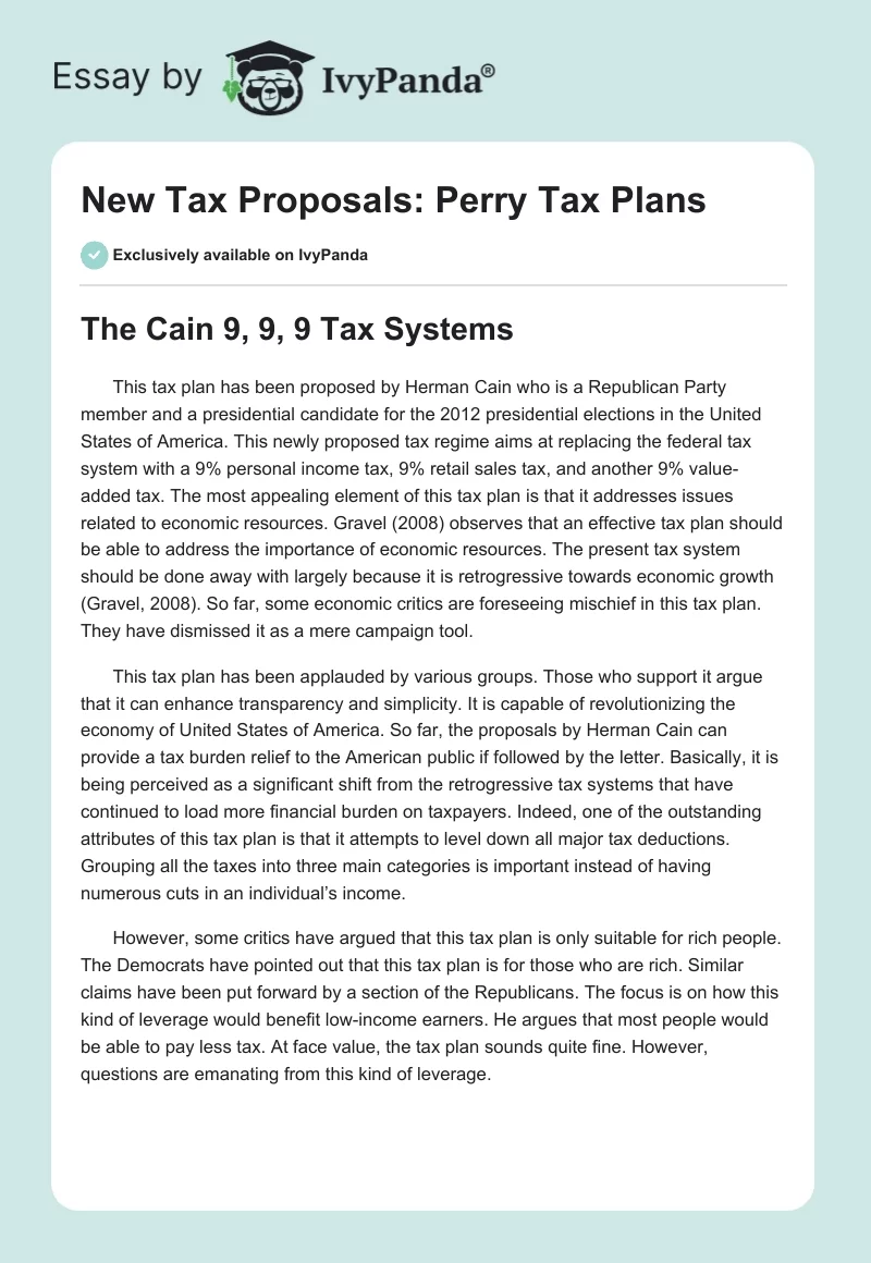 New Tax Proposals: Perry Tax Plans. Page 1