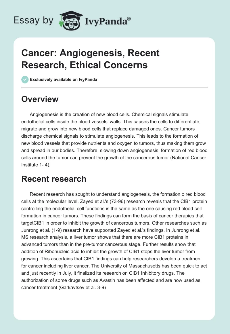 Cancer: Angiogenesis, Recent Research, Ethical Concerns. Page 1