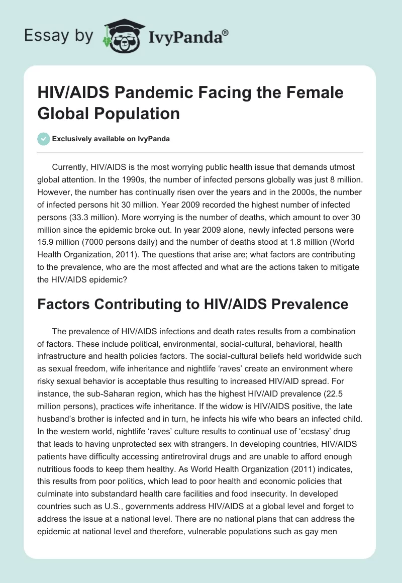 HIV/AIDS Pandemic Facing the Female Global Population. Page 1