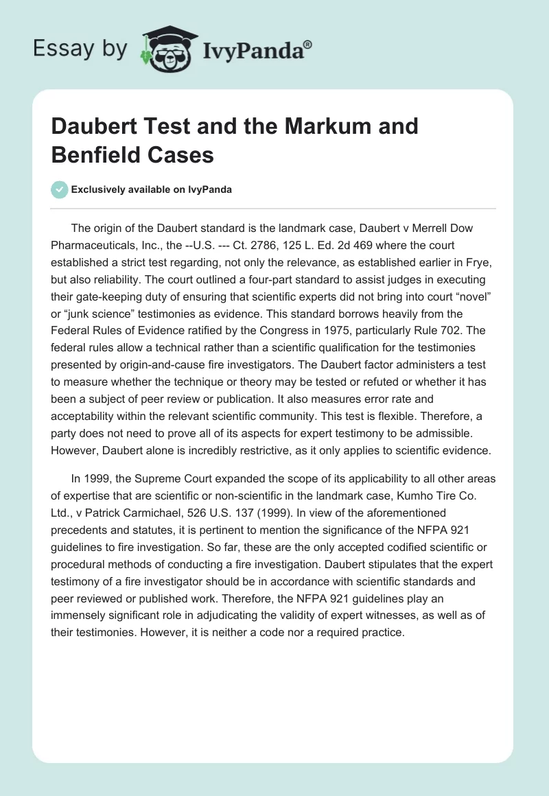 Daubert Test and the Markum and Benfield Cases. Page 1
