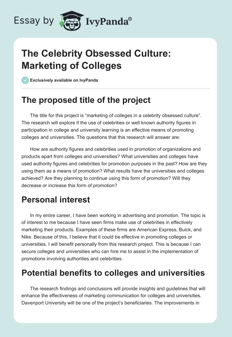 The Celebrity Obsessed Culture: Marketing of Colleges. Page 1