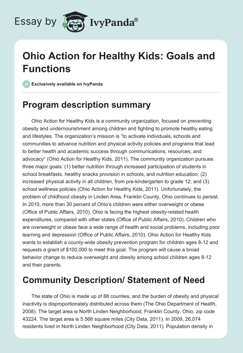 Ohio Action for Healthy Kids: Goals and Functions. Page 1