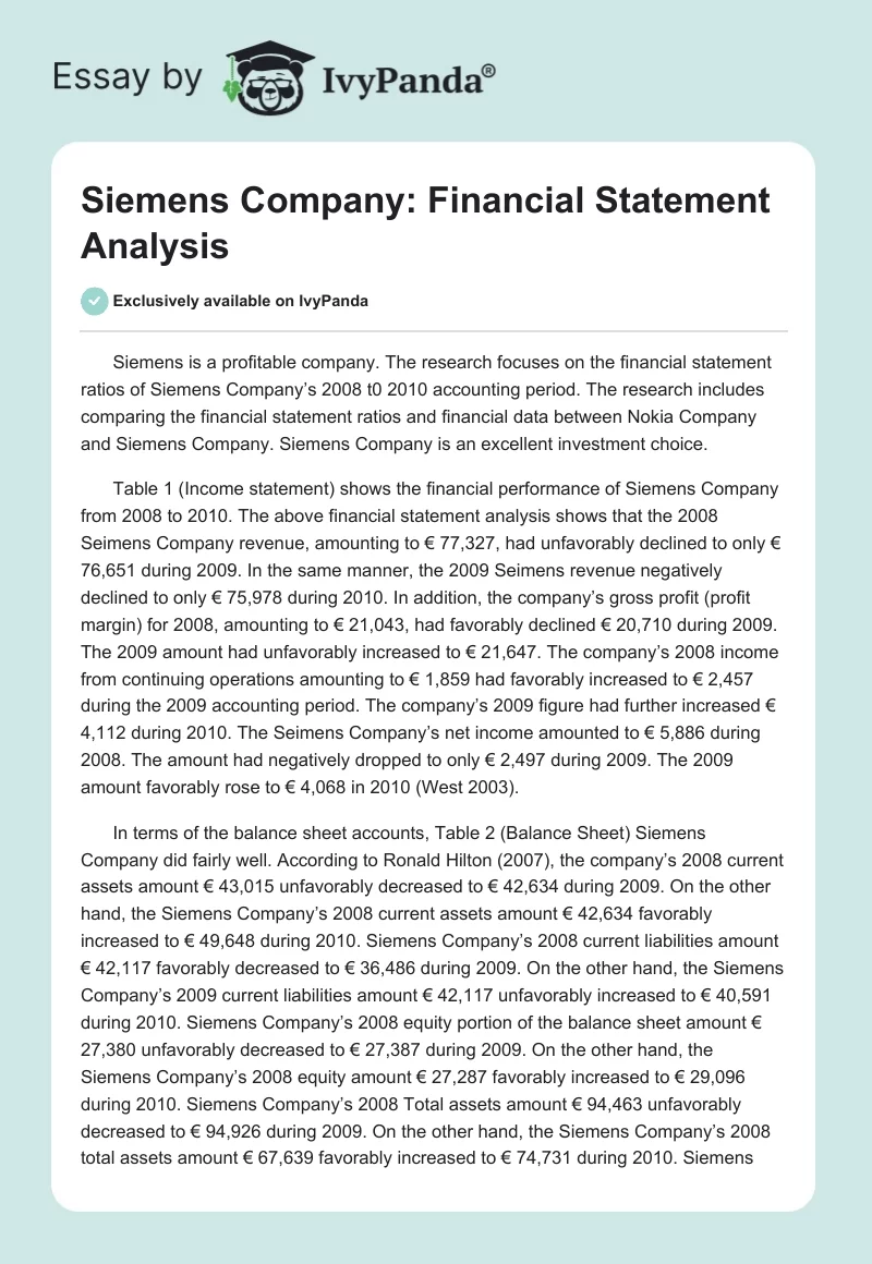 Siemens Company: Financial Statement Analysis. Page 1